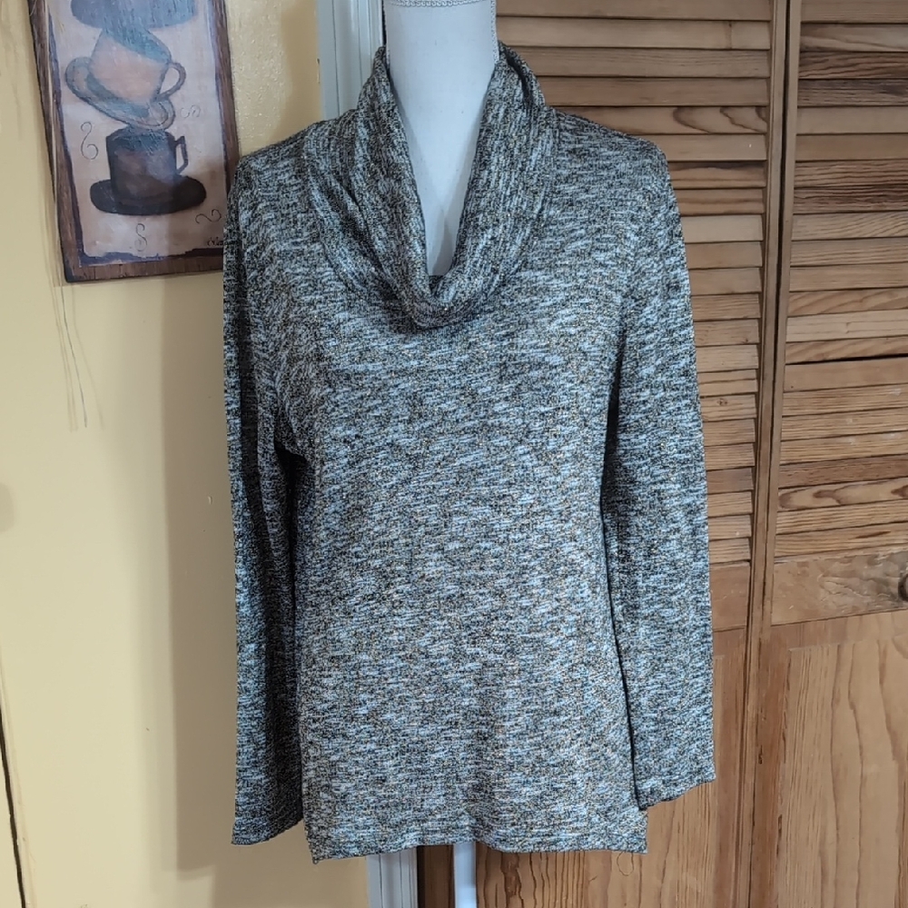 Chico's 2 Multitone Black Heathered Gold Metallic Cowl Neck Sweater Hi-Low L